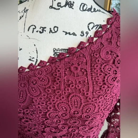 LULU’S Dreamy Date Burgundy Crochet Lace One-Shoulder Mini Dress - Picture 8 of 11